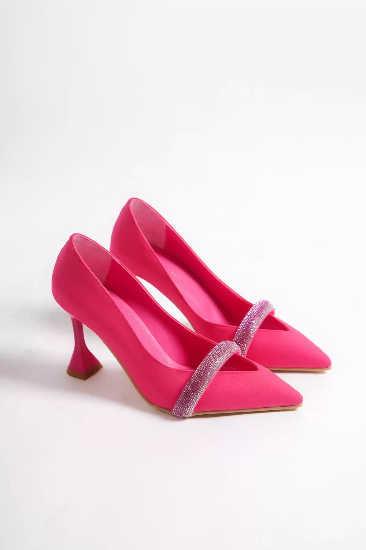 Fuchsia Satin WomenS Stone Thin Heels Evening Shoes