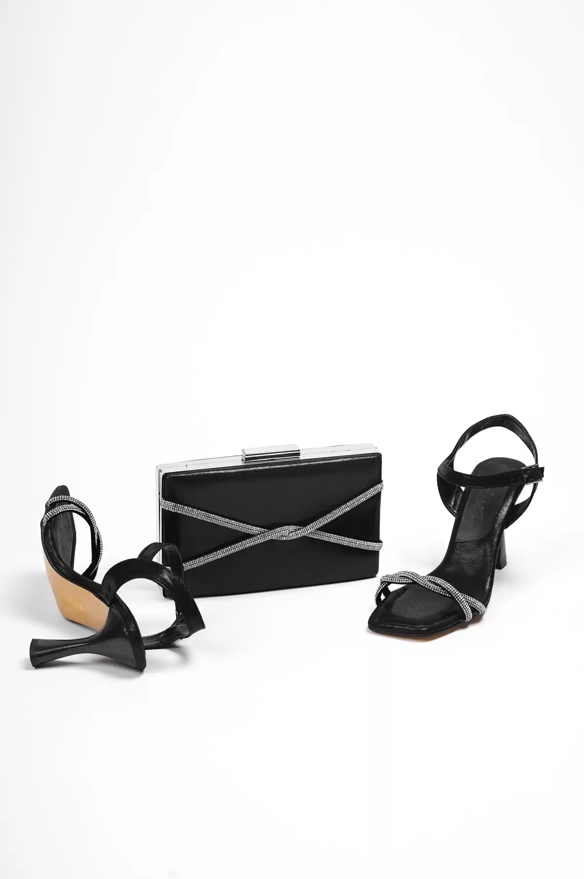 Black Silvery Women Evening Dress Shoes And Bag Sets