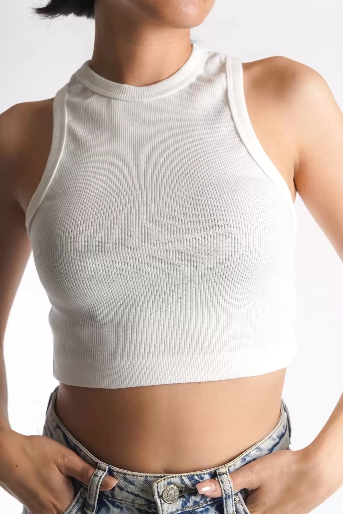 Krem Kadın Fitili Halter Yaka Crop Atlet