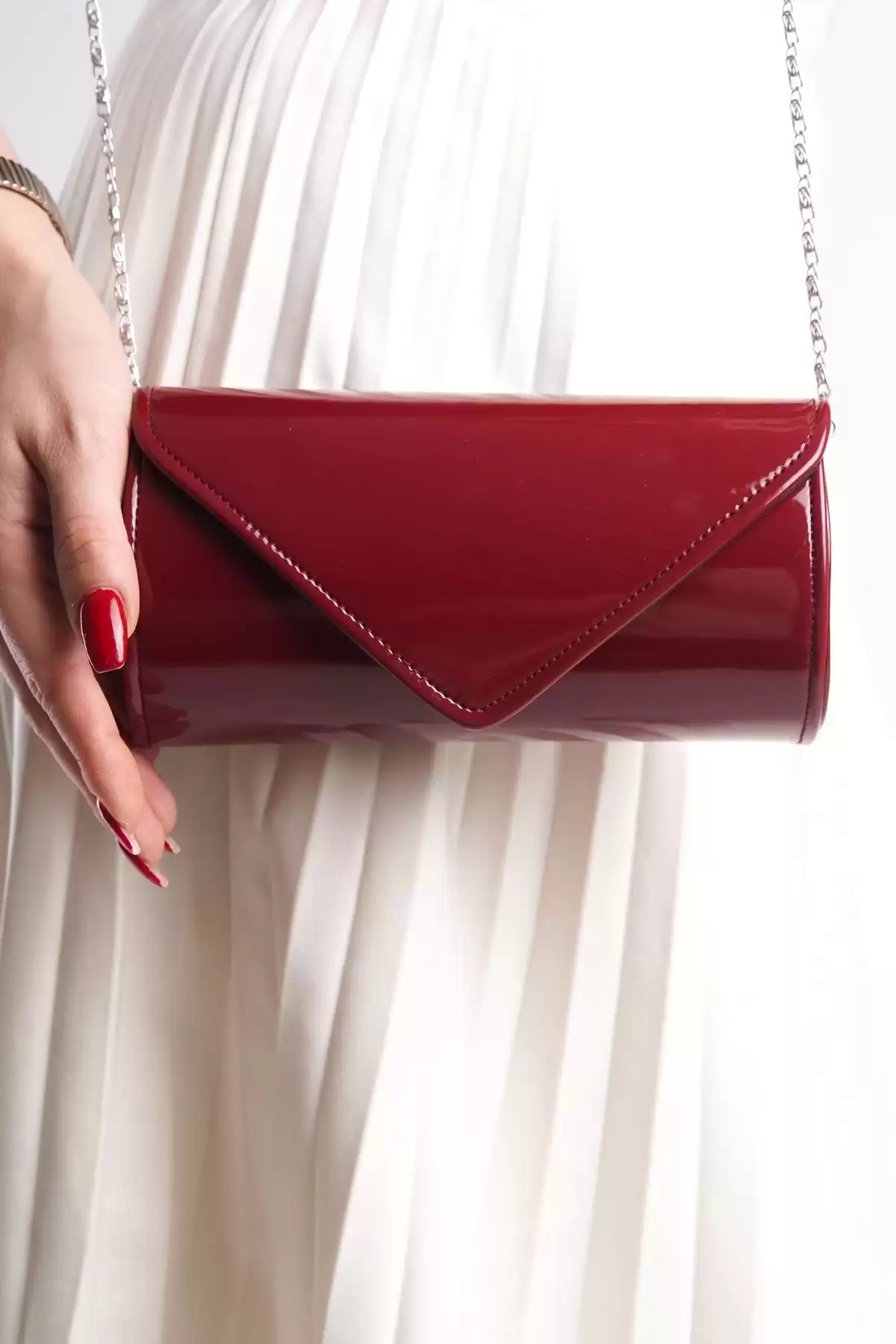 Bordo Rugan Taşlı Fileli Kalın Topuklu Ayakkabı ve Bordo Clutch Portföy Çanta Seti