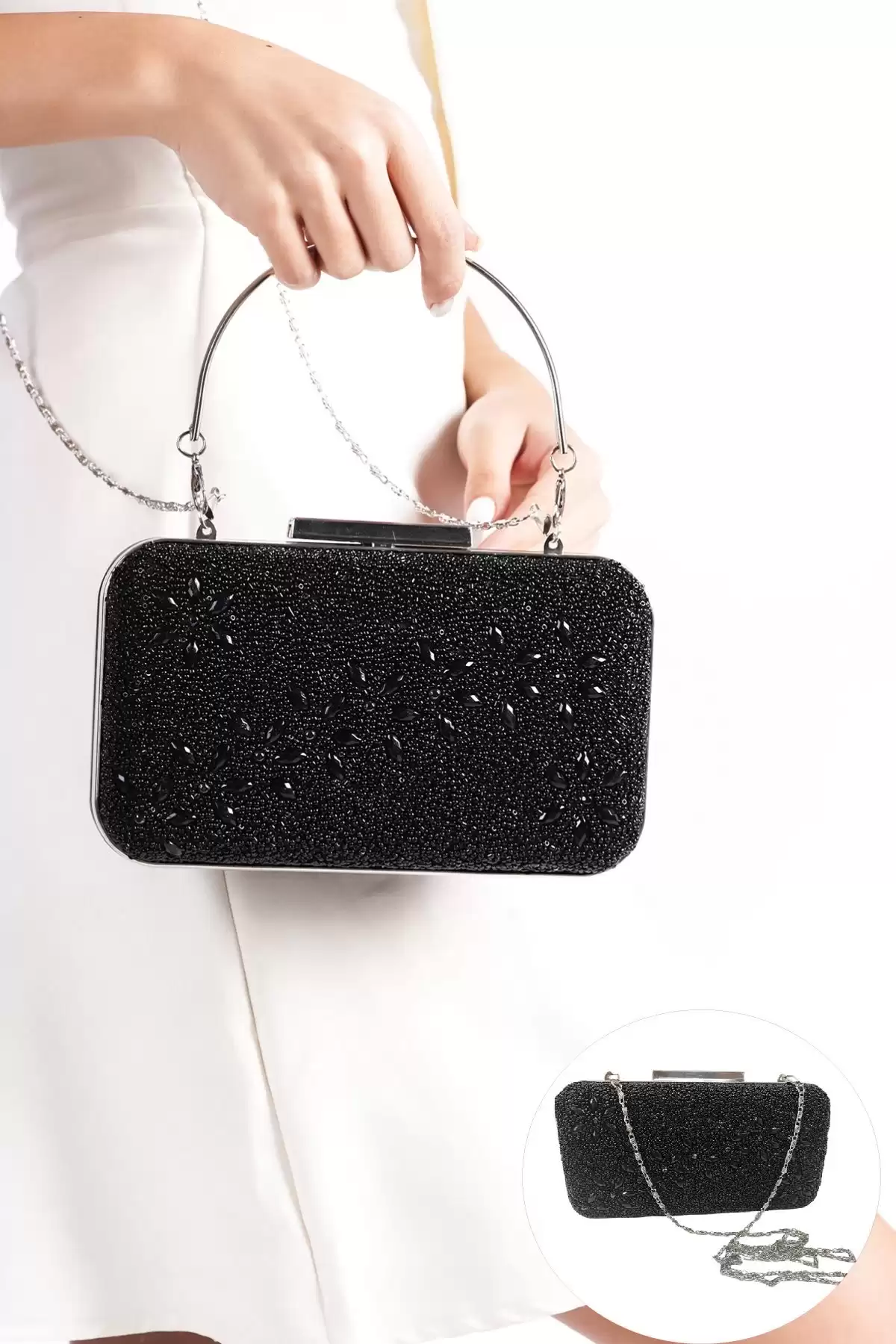 Abiye Çanta Siyah D. Taşlı Desenli Clutch Portföy Özel Çanta