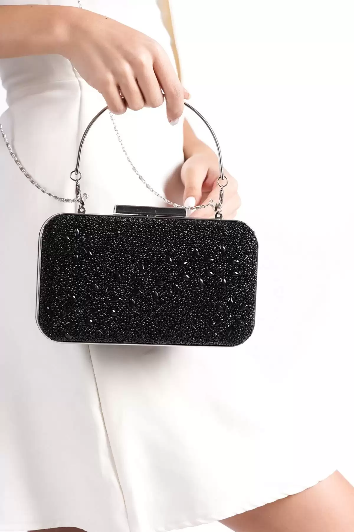 Abiye Çanta Siyah D. Taşlı Desenli Clutch Portföy Özel Çanta