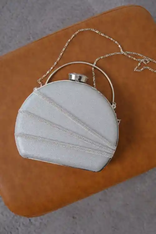 Silver-stoned Striped Glittery Hand and Shoulder Strap Elegant Evening Clutch Bag