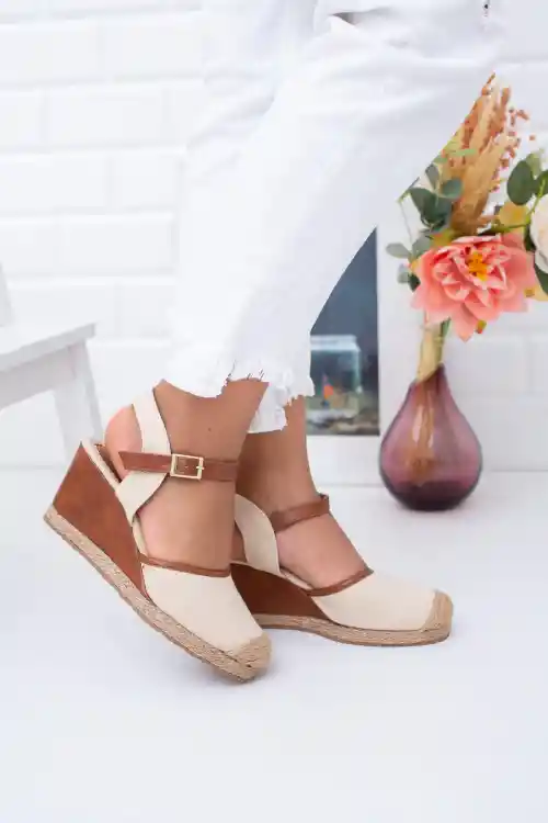 Taba-Hasır Keten Kadın Dolgu Topuklu Ayakkabı