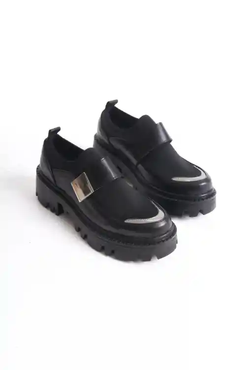 Black Leather Women Diver Fabric Belted Thick-soled Casual Shoes