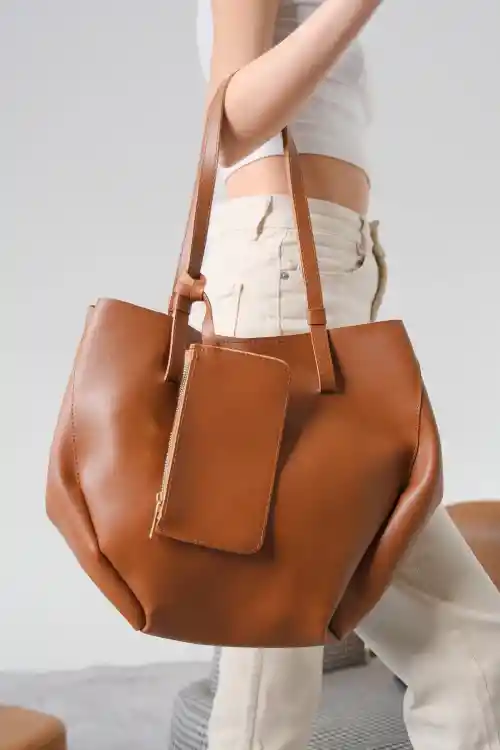 Taba Cilt Kadın Çanta-Cüzdan-Makyaj Çantası Üçlü Set Çanta