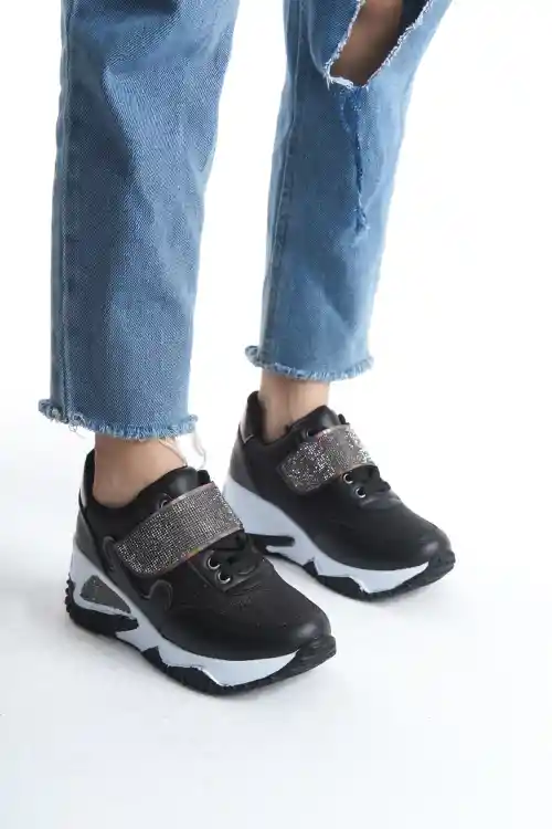 Black Glittery Womens Sneakers with Glittery Laces