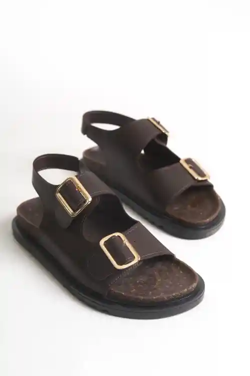 Kahve Kadın Kemerli Kaymaz Çift Tabanlı Sandalet