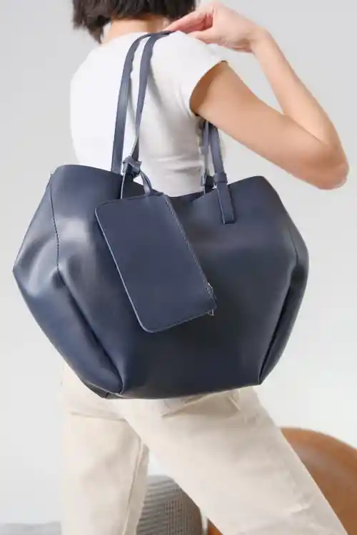 Lacivert Cilt Kadın Çanta-Cüzdan-Makyaj Çantası Üçlü Set Çanta