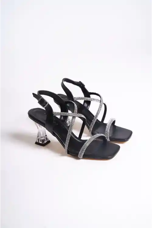 Siyah Kadın Çapraz Taşlı Abiye Ayakkabı