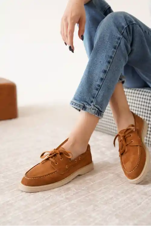 Taba Süet Kadın Düz Bağcıklı Loafer Ayakkabı