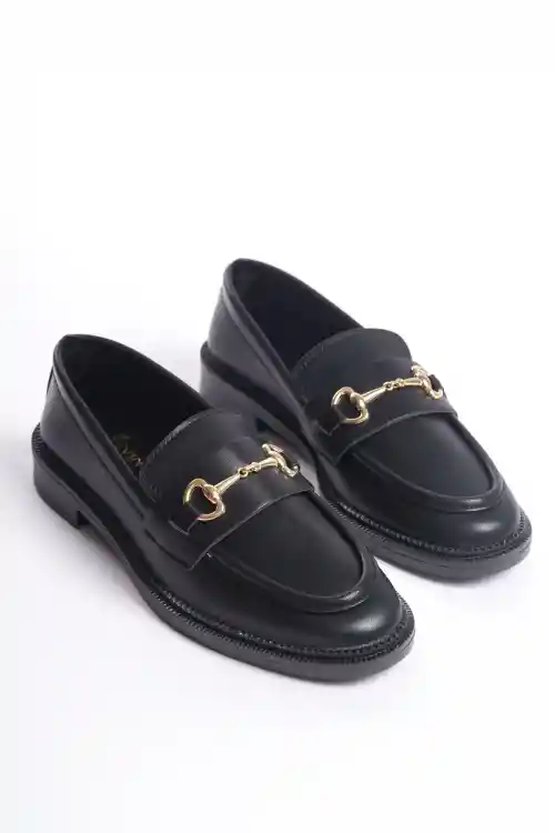 Black Leather Womens Buckled Loafer Casual Shoes