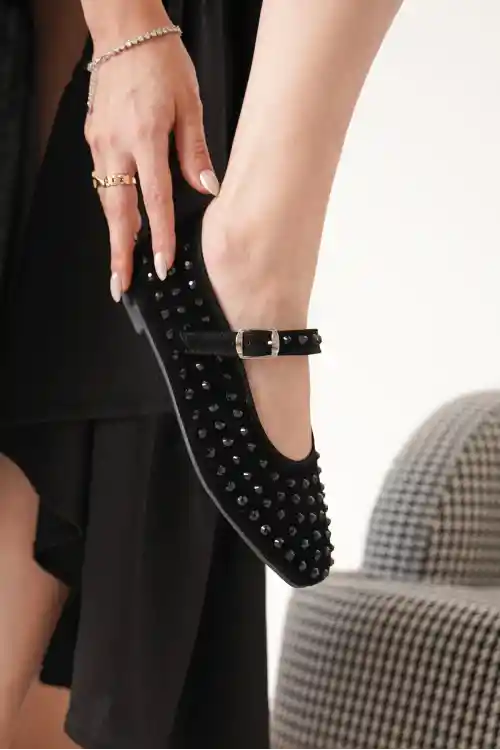 Siyah Taşlı Siyah Süet Kadın Klasik Düz Taban Günlük Şık Babet