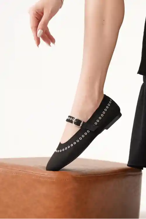 Siyah Süet Kadın Klasik Düz Taban Günlük Şık Babet