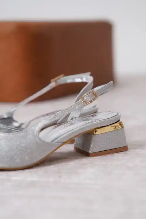 Gümüş Simli Kadın Simli Kısa Topuklu Şık Abiye Topuklu Ayakkabı