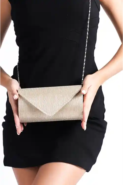 Gold Sequined Woman Striped Clutch Evening Bag