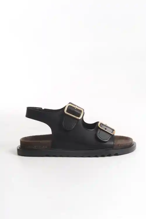 Siyah Cilt Kadın Kemerli Kaymaz Çift Tabanlı Sandalet