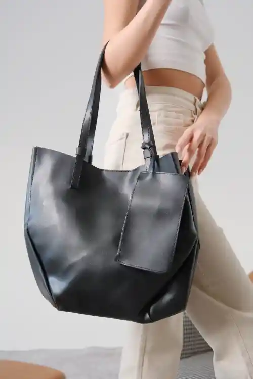 Siyah Cilt Kadın Çanta-Cüzdan-Makyaj Çantası Üçlü Set Çanta