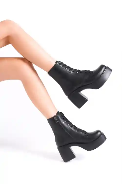 Black Leather Womens High Heel Platform Boots