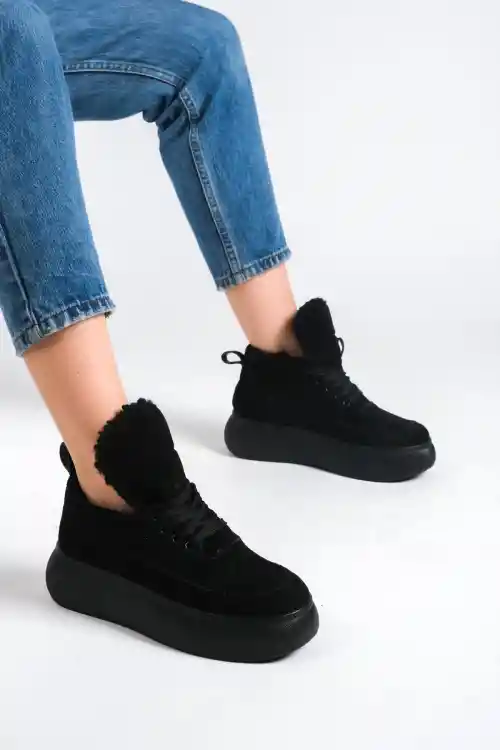 Black Faux Fur-Lined Wrist Cuff Sneaker