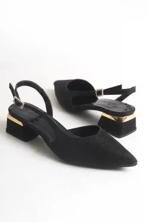 Siyah Simli Kadın Simli Kısa Topuklu Şık Abiye Topuklu Ayakkabı