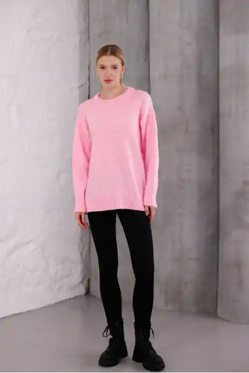 Pembe Bisiklet Yaka Oversize Triko Kazak