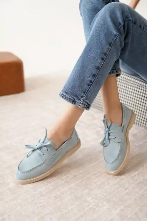 Mavi Süet Kadın Düz Bağcıklı Loafer Ayakkabı