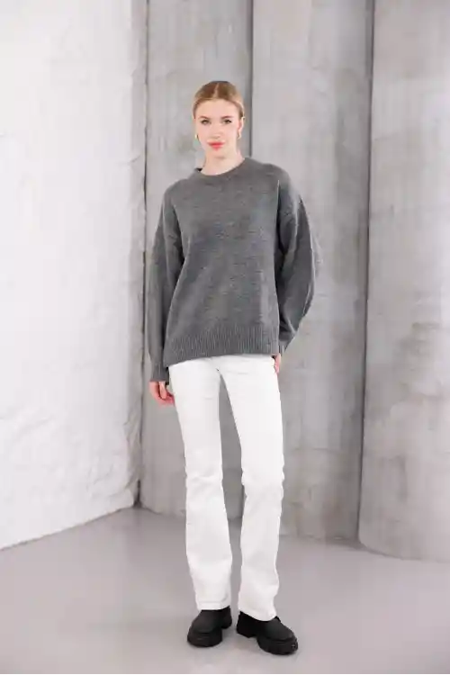 Gri Bisiklet Yaka Oversize Triko Kazak