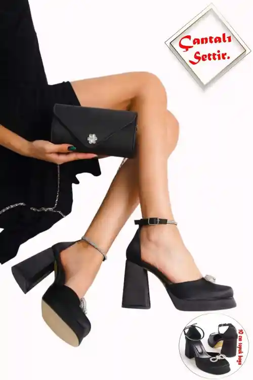 Black Satin Ribbon Bow Embellished Bracelet Stone Platform Shoe and Bag Set