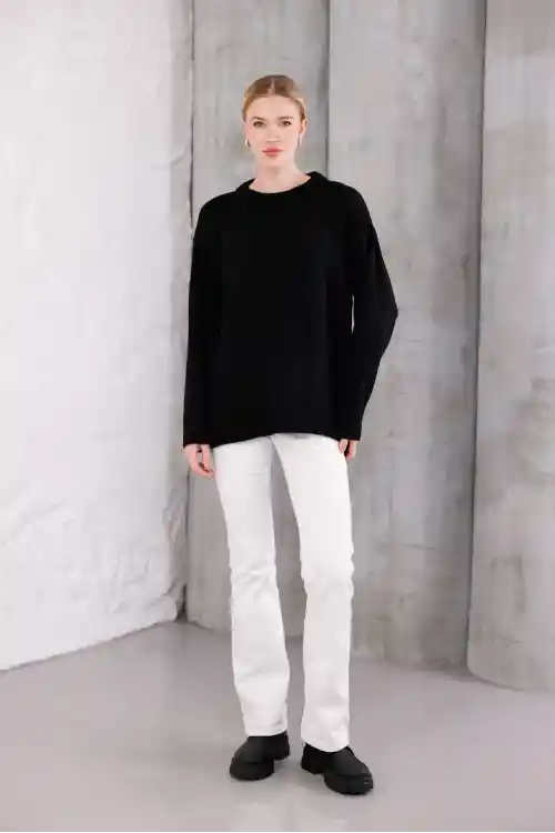 Siyah Kadın Bisiklet Yaka Oversize Triko Kazak