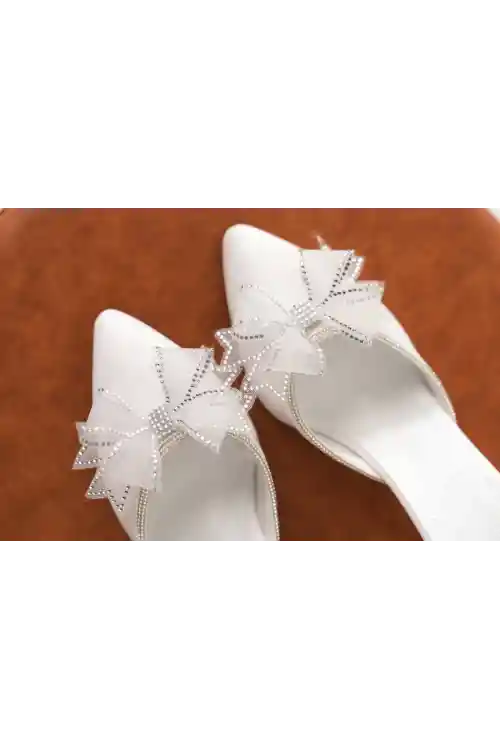 Beyaz Cilt Kadın Taşlı Tül Fiyonklu Şık Abiye Topuklu Ayakkabı