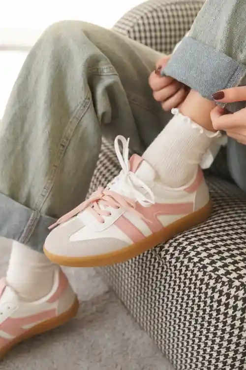 Beyaz-Pudra Kadın Çift Bağcıklı Kaymaz Taban Sneaker Ayakkabı