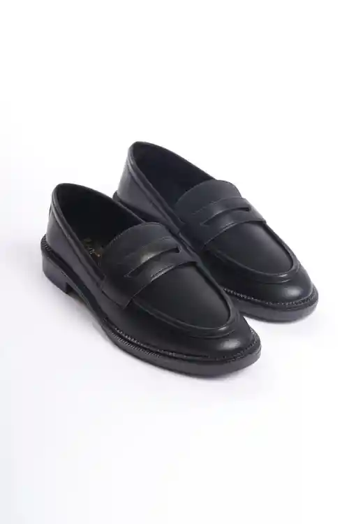 Black Leather Womens Loafer Casual Shoes