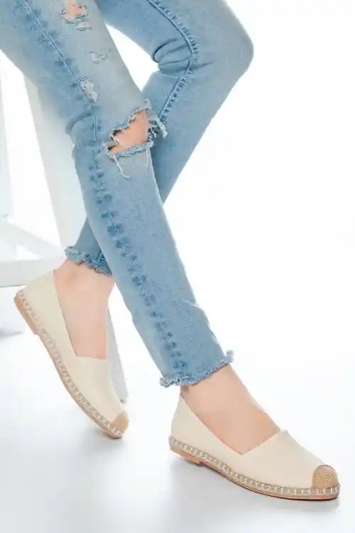 Bej Pütür Kadın Hasır Uçlu Günlük Babet