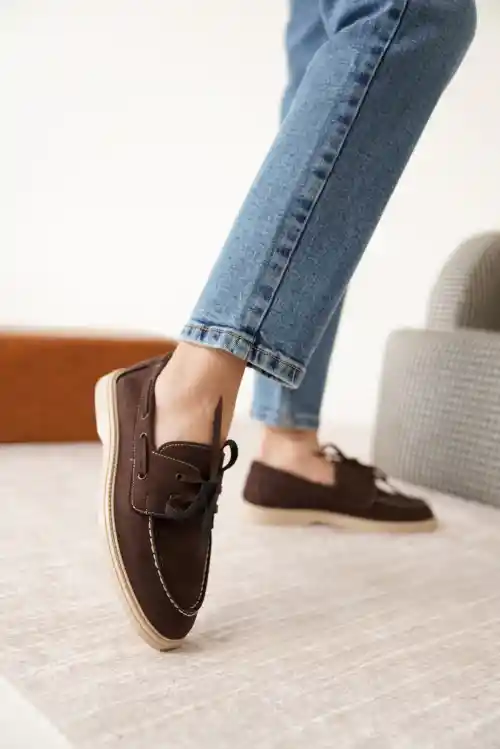 Kahve Süet Kadın Düz Bağcıklı Loafer Ayakkabı