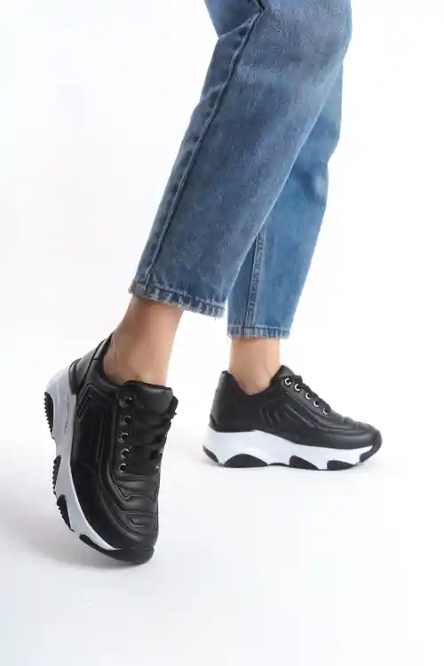 Black Leather Womens Embossed Thick Platform Casual Comfort Sneaker