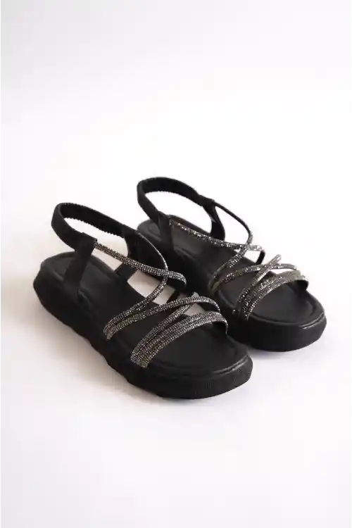 Siyah Kadın Çapraz Taşlı  Sandalet