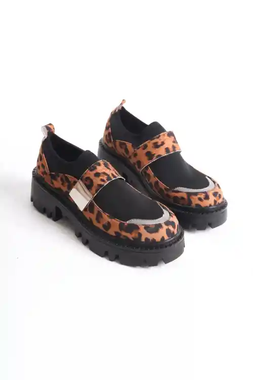 Leopar Kadın Dalgıç Kumaş Kemerli Kalın Tabanlı Günlük Ayakkabı