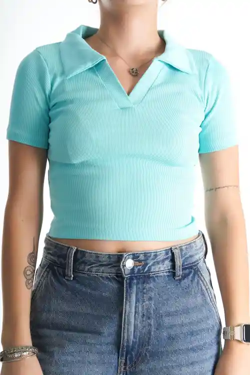 Su Yeşili Kadın Polo Yaka Fitilli Thsirt