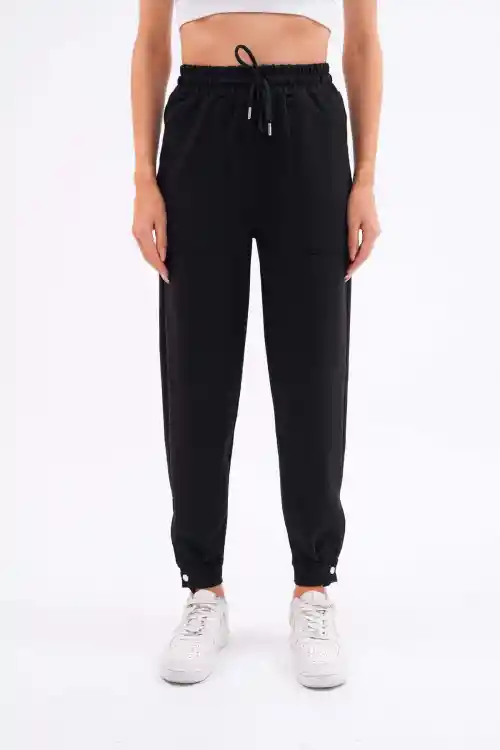 Siyah Kadın Paçası Düğmeli Eşofman Altı