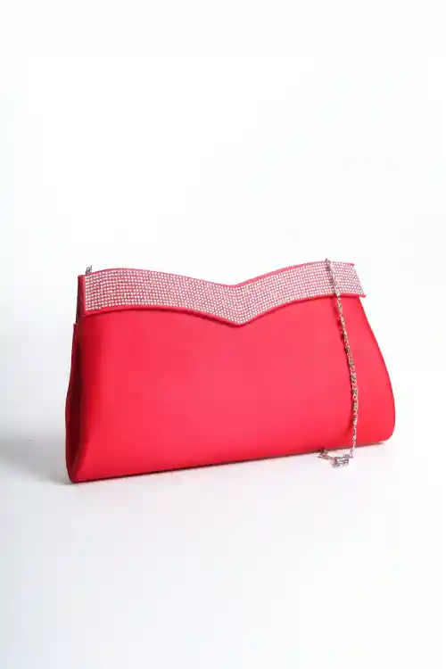 Kırmızı Saten Kadın Taşlı Saten Abiye Çanta