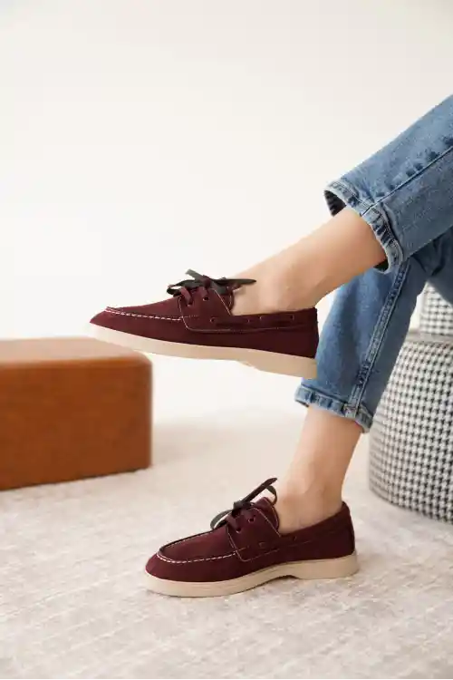 Bordo Süet Kadın Düz Bağcıklı Loafer Ayakkabı