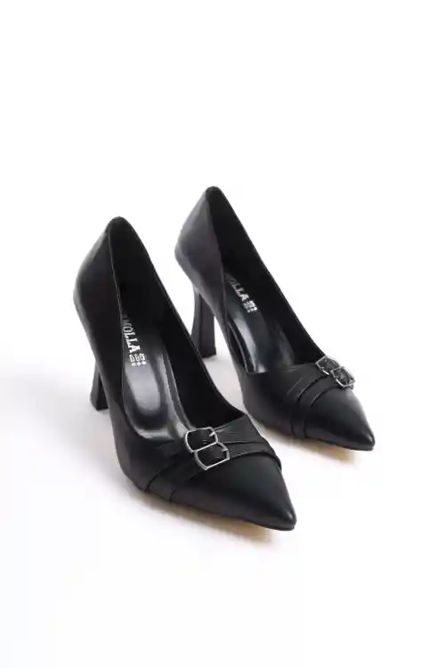 Black Leather Womens Double Buckle Heeled Shoes