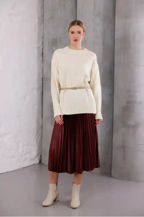 Krem Bisiklet Yaka Oversize Triko Kazak