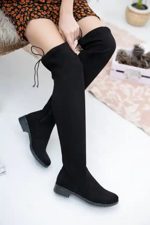 Siyah Süet Kadın Diz Üstü Streç Çizme