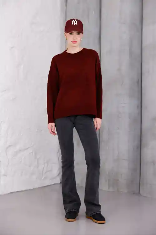 Bordo Kadın Bisiklet Yaka Oversize Triko Kazak