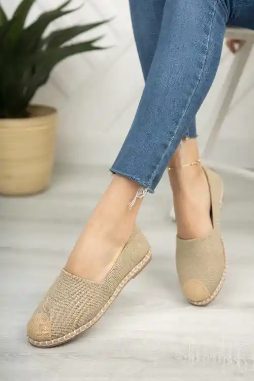 Bej Keten Kadın Hasır Uçlu Günlük Babet