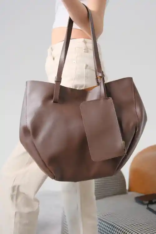 Kahve Cilt Kadın Çanta-Cüzdan-Makyaj Çantası Üçlü Set Çanta