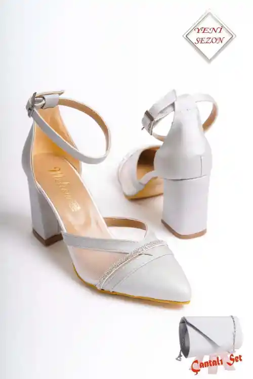 Gümüş Saten Taşlı Fileli Kalın Topuklu Ayakkabı ve Saten Clutch Portföy Çanta Seti
