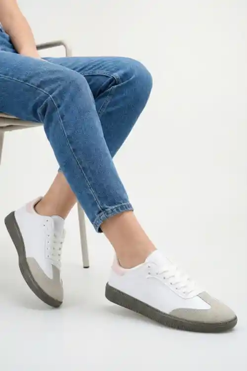 Beyaz-Pudra Kadın Çizgisiz Sneaker